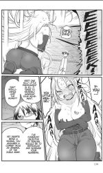 1boy angry ass belt blush breasts breasts covering_breasts dialogue female glasses heion_sedai_no_idaten-tachi long_gloves long_hair mad manga manga_page no_color one_eye_closed pants piscalat_(idaten) screenshot tears