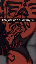 1boy alien alien_only darth_maul english english_text exotic_penis horns male male_only penis selfie sith snapchat spiney_penis star_wars tattoos zabrak