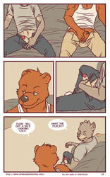 anthro artdecade bear big_muscles canine comic english_text erection gay grizzly_bear male male/male male_only mammal masturbation muscles penis penis_towards_viewer retracted_foreskin text uncut what wolf yaoi