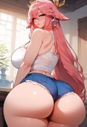 ai_generated big_ass big_breasts big_hips big_thighs curvy looking_at_viewer pink_hair soujii tank_top thiccwithaq_(ai_style) thick_ass thick_hips thick_thighs wide_hips yae_miko