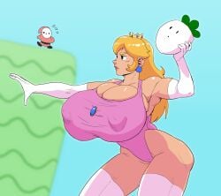 1girls breasts female harorlood huge_breasts leotard mario_(series) nipple_bulge princess_peach shy_guy super_mario_bros._2 thick_thighs thighs