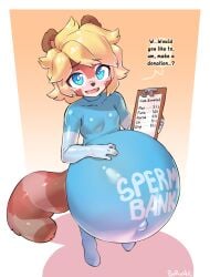 anthro ashi_(ashizero) bloated_belly blonde_hair blue_eyes blush borvar cum_inside cumflation dialogue english_text femboy furry hyper_belly implied_bestiality inflated_belly latex_bodysuit looking_at_viewer looking_up_at_viewer male_only short_hair sissy solo talking_to_viewer tanuki text