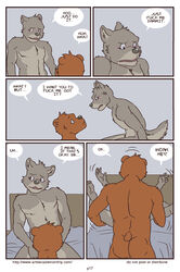 anthro artdecade back bear bed bedroom big_muscles canine comic english_text erection front_view fur gay grey_fur grizzly_bear inside lying male male/male male_only mammal muscles nude on_back on_bed penis rear_view side_view text uncut what wolf yaoi