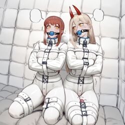 2girls ai_generated akantor28_(generator) asylum ball_gag bdsm blonde_female blonde_hair blonde_hair_female blush bondage chainsaw_man clothed clothed_female female female_only gag gagged makima_(chainsaw_man) multiple_females multiple_girls power_(chainsaw_man) red_hair restrained sex_toy short_hair spiral_eyes straitjacket tears vibrator yellow_eyes