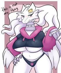 1girls anthro big_breasts blush cropped_hoodie dialogue english_text female female_only flofluffy1 generation_5_pokemon hand_on_hip hoodie legendary_pokemon looking_at_viewer narrowed_eyes nintendo paggi_outfit panties pokemon pokemon_(species) reshiram smiling smiling_at_viewer solo underboob very_high_resolution