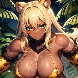 ai_generated blonde_hair blonde_hair_female cute_face green_eyes jungle leopard_ears leopard_print tan_skin