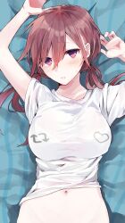 1girls absurd_res absurdres arm_above_head arm_up arms_above_head arms_up bare_arms bare_belly bare_hands bare_hips bare_navel bare_skin bed_sheet belly belly_button blue_bed_sheet blush blush_lines blushing_at_viewer blushing_female breasts brown_eyebrows brown_hair brown_hair_female collarbone dot_nose embarrassed embarrassed_female female female_focus female_only fingernails fingers hair_between_eyes hand_above_head hand_up hands_above_head hands_up head_tilt heart high_resolution highres large_breasts laying_down laying_on_back laying_on_bed light-skinned_female light_skin long_hair looking_at_viewer medium_breasts navel on_back original original_art original_artwork original_character parted_lips purple_eyes purple_eyes_female retweet retweet_icon shirt shoulders simple_background slender_body slender_waist slim_girl slim_waist solo thin_waist tilted_head tomozero twintails twintails_(hairstyle) twitter upper_body white_shirt