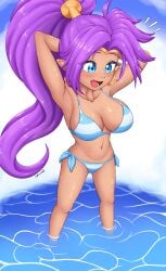 1girls armpits beach big_breasts bikini blue_eyes breasts cleavage curvy dark-skinned_female dark_skin earrings female female_only full_body genie hands_behind_head hoop_earrings long_hair looking_at_viewer pointy_ears purple_hair shantae shantae_(character) solo solo_female standing wayforward