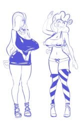 2girls arm_up arms_under_breasts bare_midriff bare_shoulders big_breasts bikini_top bra cleavage crop_top crop_top_overhang curvy dress female female_only fluttershy_(mlp) friendship_is_magic full_body hair_over_one_eye hands_under_breasts high_heels hourglass_figure large_breasts legwear long_hair long_legs long_socks massive_breasts my_little_pony navel nipple_bulge one_eye one_eye_covered one_eye_obstructed open_mouth pinkie_pie_(mlp) pornomagnum short_dress sketch skimpy skimpy_clothes slim_waist slutty_outfit spaghetti_strap standing striped_bikini striped_underwear tagme thick_thighs