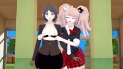 2girls 3d assisted_exposure black_hair black_skirt breasts breasts_out clothed clothed_female clothed_female_clothed_female danganronpa female female_only flashing_breasts indoors junko_enoshima koikatsu mukuro_ikusaba nipples presenting red_skirt skirt twintails ultimateenf