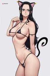 1girls bare_arms bare_legs bare_shoulders bare_thighs big_breasts bikini bikini_bottom bikini_top black_hair blue_eyes blush cat_ears cat_tail clothed clothing color female female_focus female_only hi_res large_breasts light-skinned_female light_skin long_hair looking_at_viewer nico_robin one_piece prixmal shounen_jump solo solo_female tagme thick_thighs