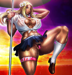 abs blonde_hair blue_eyes blush bracelet breasts chinbotsu cleavage dark-skinned_female dark_skin erect_nipples erect_nipples_under_clothes female flower ganguro gyaru hair_flower hair_ornament kogal large_breasts leg_up long_hair muscular_female navel pole pole_dancing pubic_hair shoes skirt socks tanline thigh_strap thong whale_tail