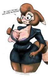 2015 anthro anthrofied big_breasts blush breasts chubby clothed clothing disembodied_penis female female_focus ferret furret hair huge_breasts mammal mustelid nintendo paizuri perpendicular_paizuri pokemon solo teckworks text thick_thighs video_games wide_hips