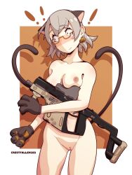 !!! 1girls blush cat_ears cat_headband cat_paws crestfallen163 earrings female female_only flustered girls'_frontline glasses grey_hair gun holding_object light-skinned_female light_skin pussy semi-rimless_eyewear two_tails vector_(girls'_frontline)