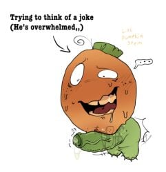 annoying_orange blush objectum orange_(annoying_orange) pear_(annoying_orange) rubbing_pussy surprised_expression text wet white_background