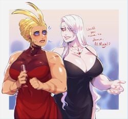 2girls all_for_one all_might blackberrehart blonde blonde_female blonde_hair blonde_hair_female blue_eyes buff clothed clothed_female dress female_only genderbend genderswap genderswap_(mtf) long_hair multiple_females multiple_girls muscle muscles muscular muscular_female my_hero_academia rule_63 toshinori_yagi white_eyes white_hair