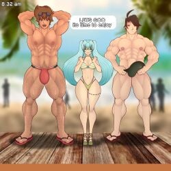 abs bakugan bakugan_battle_brawlers beach bikini bulge comic comic_page dan_kuso dan_kuso_(bakugan) female male muscular_male part_of_a_set pecs pubic_hair rabanochan runo_misaki_(bakugan) shun_kazami text_bubble
