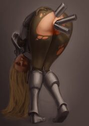 anal anal_insertion armor ass bent_over blonde_hair blue_eyes boots brotherhood_of_steel datcancer double_insertion double_vaginal fallout fallout_3 female hand_on_ass long_hair looking_at_viewer solo torn_clothes torn_pants vaginal_insertion vaginal_penetration