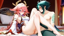 1boy 1girls ai_generated bottomless female genshin_impact green_hair kissing light_skin male male/female pink_hair purple_eyes shirtless straight tagme topless xiao_(genshin_impact) yae_miko yae_miko_(genshin_impact)