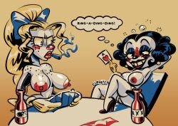 2girls big_breasts blonde_hair breasts cigarette classica_p clown clown_girl earrings female freckles freckles_on_shoulders multiple_girls original_characters poker ponytail pussy strip_game topless_female