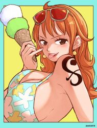 aosora bikini blush clothed female female_only ice_cream long_hair looking_at_viewer nami nami_(one_piece) one_piece post-timeskip