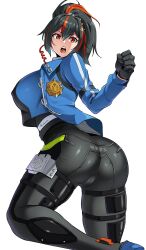 1girls ass ass_focus black_hair breasts bubble_ass bubble_butt dyed_hair female from_behind fully_clothed gloves human jacket large_breasts multicolored_hair pants police police_hat ponytail red_eyes red_hair solo two_tone_hair zenless_zone_zero zhu_yuan