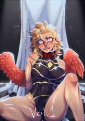 2girls all_for_one blackberrehart blonde blonde_female blonde_hair blonde_hair_female blush blushing captured captured_heroine chained chained_collar chains clothed clothed_female collar cover cover_page crossgender dress female female_only genderbend genderswap genderswap_(mtf) hawks_(my_hero_academia) heroine heroine_in_trouble keigo_takami leash leash_and_collar multiple_females multiple_girls my_hero_academia orange_eyes rule_63 short_hair sweat sweatdrop villainess wings