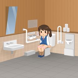 1girl 1girls bathroom bathroom_stall brown_hair clothed clothed_female female female_only irasutoya mirror ponytail solo solo_female toilet toilet_paper toilet_stall toilet_use using_toilet wagashi55