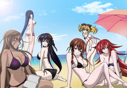 6+girls 6girls beach big_breasts bikini black_hair blonde_hair blue_hair book braids breasts brown_eyes brown_hair dark-skinned_female dark_skin day female female_only hair_ribbon high_school_dxd kalawarner katerea_leviathan kiryuu_aika long_hair medium_hair mittelt on_knees outside pixiv797003 purple_eyes raynare red_hair rias_gremory ribbon seductive_look shiny_skin short_hair sky small_breasts smile very_long_hair yellow_eyes yxyyxy