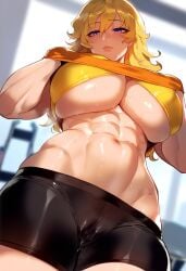 1girls abs ai_generated bare_arms bare_legs bare_shoulders bare_thighs big_breasts blonde_hair blush clothed clothing color female female_focus female_only fit_female gym gym_clothes hi_res large_breasts light-skinned_female light_skin long_hair looking_at_viewer mistarman muscles muscular muscular_female purple_eyes rwby solo solo_female sweat tagme thick_thighs underboob yang_xiao_long