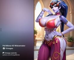 advertisement ai_generated black_hair dancer overwatch patreon purple_skin widowmaker