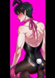 alternate_costume back_muscles black_hair blush bondage bunny_boy bunny_ears bunny_tail bunnysuit cigarette cosplay crossdressing dark_green_hair embarrassed gintama hairclip hatsune_miku_(cosplay) hijikata_toshiro looking_at_viewer looking_back male male_only male_playboy_bunny muscular muscular_male neck_ribbon oobaii pale-skinned_male pale_skin pantyhose rabbit_hole_(vocaloid) restrained ribbon ribbon_bondage smoking solo squatting sweatdrop