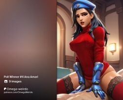 advertisement ai_generated ana_amari black_hair overwatch patreon straddling virgin_destroyer_sweater