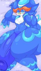 anthro big_penis blue_body blue_eyes blue_hair front_view generation_9_pokemon genitals hair hi_res huge_cock lewdchuu_(artist) male nintendo penis pokemon pokemon_(species) quaquaval solo thick_thighs