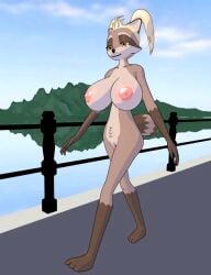 2017 3d_(artwork) 3d_animation animated anthro areola belly_tuft big_breasts blonde_hair breast_jiggle breasts brown_body countershading digital_media_(artwork) eyebrows female flufdustbunny genitals gloves_(marking) hair jiggling leg_markings mammal markings nipples nude pookie_(flufdustbunny) procyonid public pussy raccoon short_playtime socks_(marking) solo tagme tail tuft twintails_(hairstyle) walking yellow_eyes