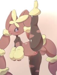 absurdres animal_ears animal_nose anthro blush body_fur brown_fur colored_sclera eikuchi_akarina female full_body furry furry_female furry_only highres lagomorph leg_lift leg_up looking_at_viewer lopunny mega_evolution mega_lopunny nipples no_humans open_mouth pokemon pokemon_(species) purple_sclera simple_background solo split spread_legs standing standing_on_one_leg tail two-tone_fur white_background yellow_fur