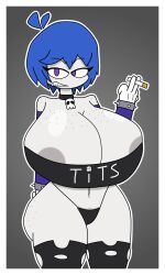 big_thighs blue_hair female functionally_nude_female huge_breasts hyper hyper_breasts looking_at_viewer pale_skin serious_look skull smoking spiked_bracelet thong tiddy_(megabippy) verdoshonsfw zipper