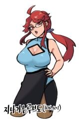 adult adult_female ahoge big_breasts blue_topwear breast_cutout cleavage female_only gigobyte350 glasses glasses_on_face hand_on_hip large_breasts lorelei_(pokemon) low_ponytail miniskirt not_porn older_female pokemon red_hair sfw solo solo_female unknown_source