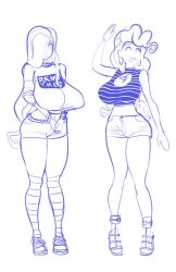 2girls belt big_breasts clevage female female_only fluttershy_(mlp) friendship_is_magic hair_over_one_eye high_heels hoop_earrings hourglass_figure large_breasts long_hair long_legs massive_breasts my_little_pony one_eye one_eye_covered one_eye_obstructed open_mouth pinkie_pie_(mlp) pornomagnum short_shorts shorts sketch skimpy skimpy_clothes slim_waist slutty_outfit tagme thick_thighs