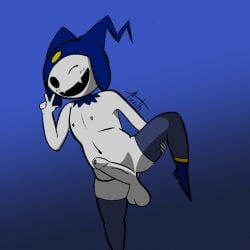 chubby holding_leg jack_frost_(megami_tensei) legwear looking_at_viewer nipples one_eye_closed one_leg_up one_male penis pointy_teeth smile tagme white_body