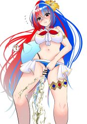 1girls ? alear_(female)_(fire_emblem) alear_(female)_(seaside_dragon)_(fire_emblem) alear_(fire_emblem) alternate_costume alternate_hairstyle ball bare_legs beach_ball bikini bikini_aside blue_bikini blue_eyes blue_hair blue_swimsuit breasts censored character_ball confusion female female_only fire_emblem fire_emblem_engage fire_emblem_heroes flower frown hair_between_eyes hair_flower heterochromia large_breasts legs long_hair multicolored_hair navel nintendo official_alternate_costume official_alternate_hairstyle peeing ponytail pussy red_bikini red_eyes red_hair red_swimsuit solo sommie_(fire_emblem) speech_bubble swimsuit swimsuit_aside urine very_long_hair white_background white_bikini white_swimsuit y018627