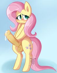 2015 animal_genitalia balls bipedal blush cutie_mark dickgirl equine fluttershy_(mlp) friendship_is_magic fur hair horse horsecock intersex mammal midnight-kinky-kitsune my_little_pony penis pink_hair pony precum prettypurple solo straight_hair teal_eyes yellow_fur