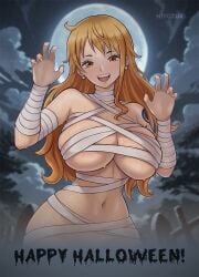 1female 1girls 2d 2d_(artwork) 2d_artwork breasts brown_eyes ear_piercing ear_ring earrings female female_focus female_only halloween halloween_costume happy happy_female hips hips_wider_than_shoulders hiyozuki large_breasts looking_at_viewer mummy_costume mummy_wrappings nami nami_(one_piece) navel no_bra one_piece orange_hair solo_female sweat sweatdrop sweating tattoo tattoo_on_arm tattooed_arm teeth tongue wet wet_body wet_skin wide_hips