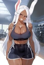 ai_generated boku_no_hero_academia cleavage creamy_ai curvy dark-skinned_female gym large_breasts long_eyelashes miruko my_hero_academia rabbit_ears rabbit_girl red_eyes shorts sports_bra sportswear thiccwithaq_(ai_style) thick_thighs toned white_hair wide_hips