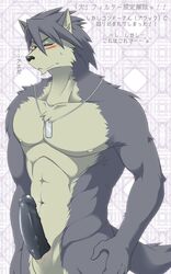 1boy abs anthro blush broad canine closed_eyes dog_tags edit erection fur grey_fur grey_hair hair humanoid_penis husky ig japanese_text kouya_aotsuki male male_only mammal muscles nipples nude pecs penis shoulders solo text toned uncensored