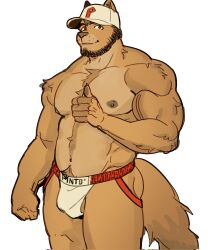 2024 abs anthro arm_tuft ass baseball_cap beard biceps body_hair brown_hair bulge canid canine chest_hair chest_tuft clothed clothing deltoids elbow_tuft facial_hair fist gesture grin hair hand_gesture happy_trail hat headgear headwear hi_res jockstrap jockstrap_only looking_at_viewer male mammal manly maruikito mature_male muscular navel nipples obliques pecs pubes shoulder_tuft simple_background smile solo standing thumbs_up topless triceps tuft underwear underwear_only white_background