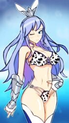 absurdres animal_print armored_gloves bikini blue_background blue_eyes breasts cow_print cow_print_bikini delphinus_yukino_(saint_seiya:_rising_cosmo) female fingerless_gloves gloves hairband highres hisao_illust large_breasts midriff navel one_eye_closed print_bikini saint_seiya saint_seiya:_rising_cosmo smile socks solo swimsuit