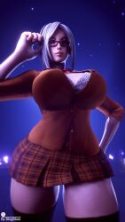 1girls 3d 3d_(artwork) belly_button bhigbhee blazer bra breasts chun-li cleavage clothing cosplay curvy earrings female female_only glasses hi_res highres huge_breasts jacket looking_at_viewer medium_hair prison_school ribbon shiraki_meiko shiraki_meiko_(cosplay) skirt stockings street_fighter sweat thick_thighs watermark white_hair