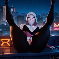 ai_generated big_breasts fingering fingering_pussy gwen_stacy legs_up light-skinned_female looking_at_viewer luthenai marvel marvel_comics neon_signs raining rooftop spider-gwen spider-man:_into_the_spider-verse spread_legs thick_thighs