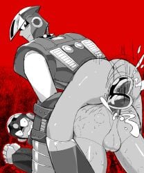2024 2boys alternate_version_available bite_mark bite_mark_on_ass bite_mark_on_leg bite_marks blush collar crash_man cum_inside cum_spurt flash_man hnsundown leash leash_and_collar leash_pull leashed_collar looking_back looking_down male/male male_only mega_man mega_man_(classic) monochrome red_background robot robot_boy robot_humanoid spiked_collar